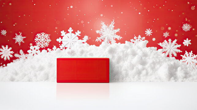 Red square pedestal or box on a white surface with a pile of snow and snowflakes on a red background. Blank space for product placement or advertising text.