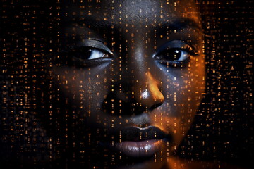 Black woman face with digital matrix numbers. Artificial intelligence. AI theme with a female human face