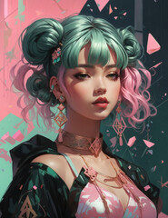 Starry Pink Hair, Holographic Korean Girl in Crop Tops