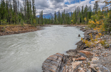 Autumn view of the Kicking Horse River in Yoho National Park, British Columbia, Canada