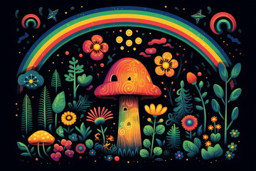 Magic mushrooms. Psychedelic hallucination. Vibrant illustration. 60s 70s hippie colorful art.