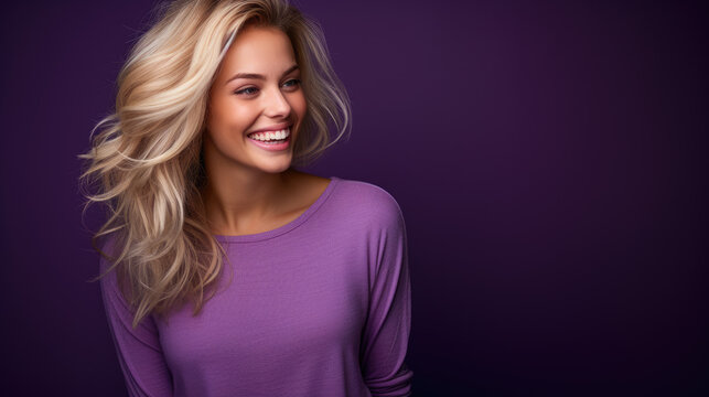 Beautiful woman on purple background, blonde beautiful girl smiling, beauty saloon, cosmetics, healthcare concept 