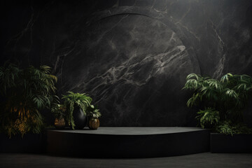Black stone podium on dark background for product advertising. Wall with marble pedestal and green plant for product display, minimalism style. - obrazy, fototapety, plakaty