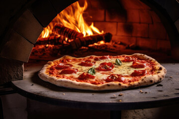 Pizza is baked in wood burning oven. Traditional italian cuisine