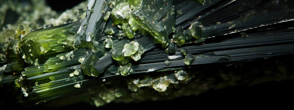 formation of rare element, fictional material, dark green color, close-up of a mysterious gem, terbium, crystal panoramic wallpaper, AI