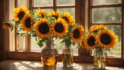 Zelfklevend Fotobehang Vase with sunflowers on the background of a window, sun rays © tanya78