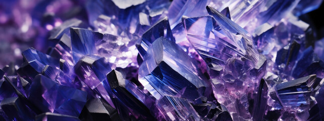 stunning close-up of sparkly purple crystal formations, high-quality panoramic wallpaper, AI