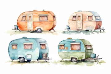 Tuinposter Set of Travel Trailer Caravans with different decorations. Objects on light background © Canvas Alchemy