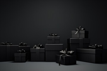 schwarze Geschenkpakete auf schwarzem Hintergrund, black Friday