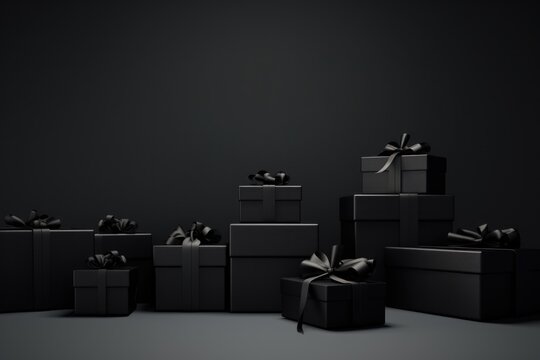 schwarze Geschenkpakete auf schwarzem Hintergrund, black Friday