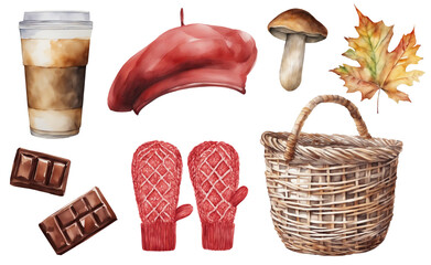 Watercolor set: beret, basket, leaves, chocolate, coffee, mittens on a white background. Autumn