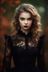 Fashion portrait of young beautiful woman in black lace dress.