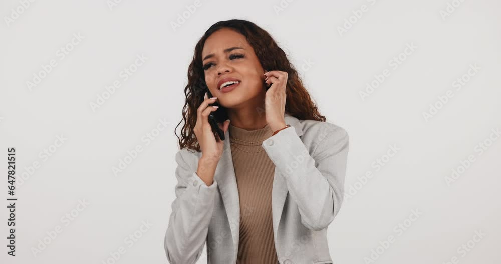 Poster Glitch, woman and phone call with network error, poor connection or internet in studio on white background. Communication, business person and smartphone with service fail and connectivity problem