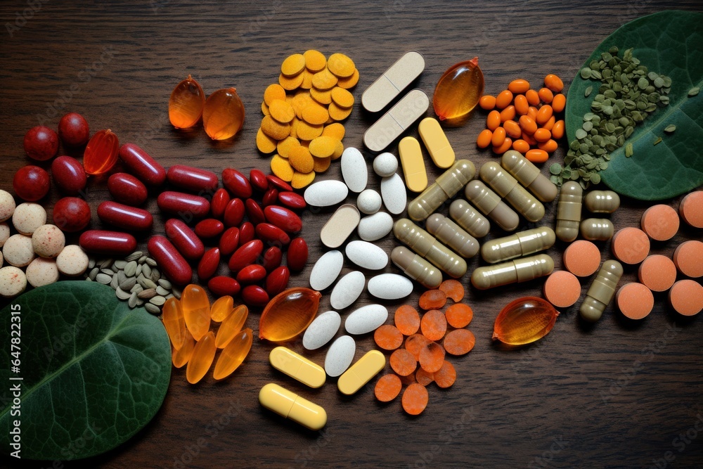 Poster a collection of different pills and capsules spread out on a table. ideal for illustrating medical, 