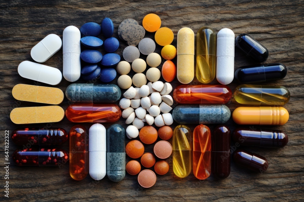 Poster A collection of different pills and capsules arranged on a wooden surface. This image can be used to depict pharmaceuticals, healthcare, medicine, or medical concepts.