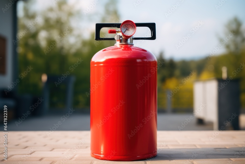 Poster a red fire extinguisher is placed on a patio, ready to be used in case of an emergency. this image c