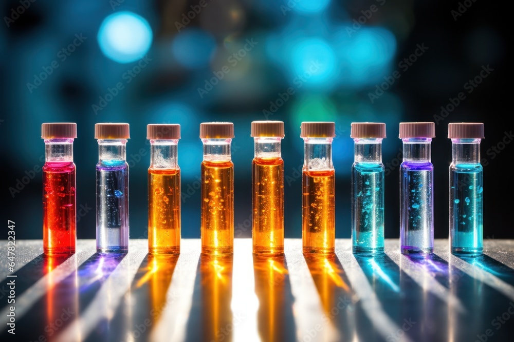 Poster A close-up view of a row of various colored liquids. This image can be used to represent diversity, variety, or a scientific experiment involving different solutions.