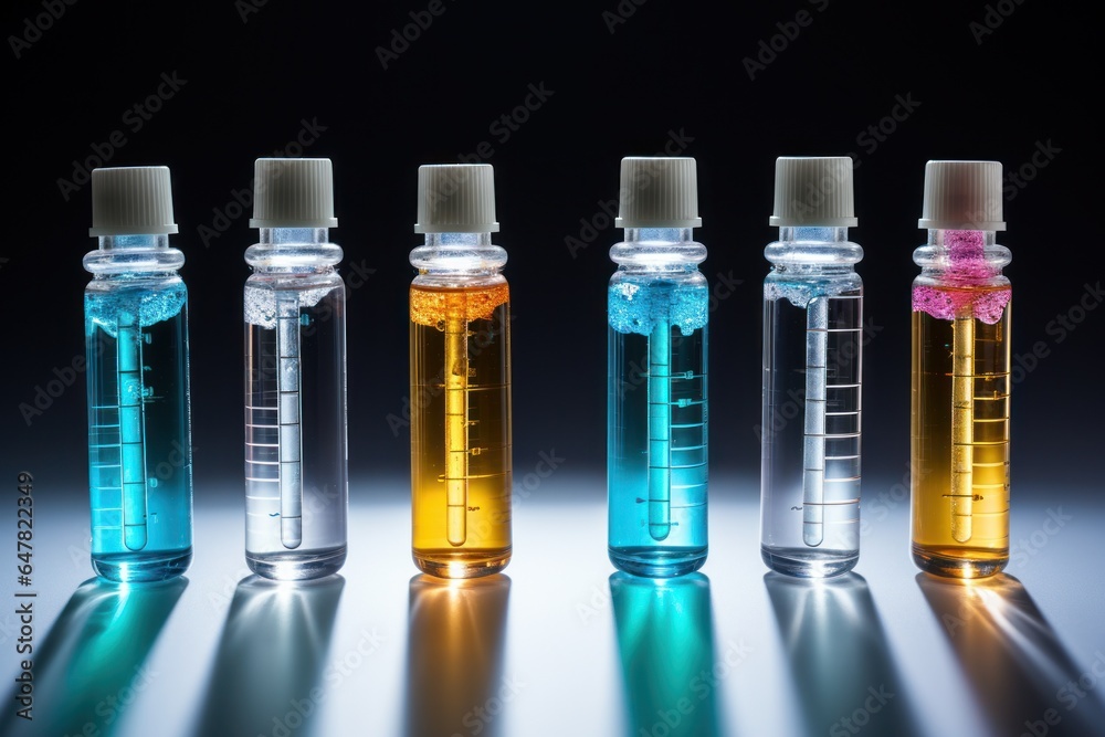 Poster A picture showing a row of different colored liquids. This image can be used to represent a variety of concepts and can be applied in various creative projects.