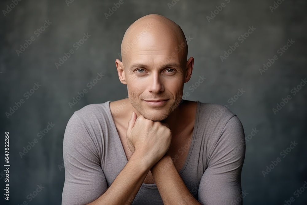 Poster a bald man wearing a gray shirt poses for a picture. this versatile image can be used in various con