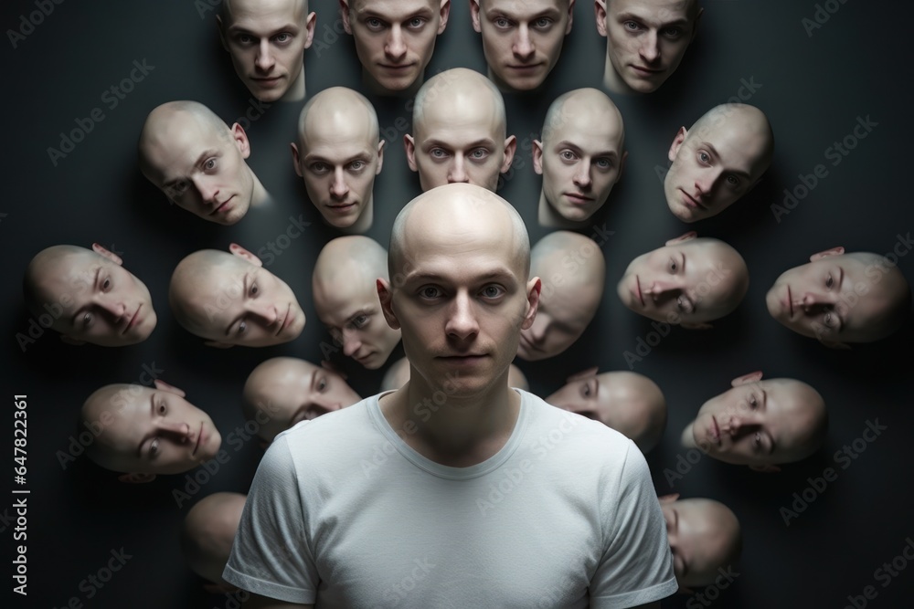 Aufkleber a man standing confidently in front of a group of bald heads. this image can be used to represent le