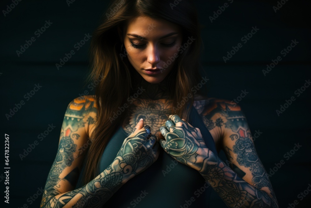 Wall mural A picture of a woman with tattoos on her arms. This image can be used to showcase body art or as a representation of individuality and self-expression.