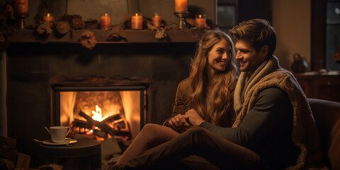 Fototapeta na wymiar Cozy autumn couple sitting in front of fireplace
