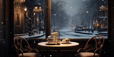 Obraz na płótnie Canvas Coffee shop winter setting outside the window