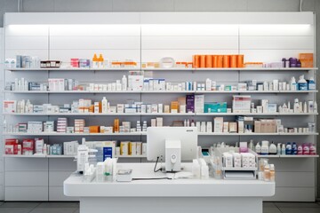A pharmacy desk featuring a computer and an array of medicine bottles. This image is ideal for illustrating a modern pharmacy setting or the pharmaceutical industry.
