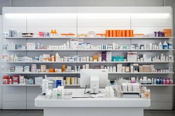 Papier Peint photo Lavable Pharmacie A pharmacy desk featuring a computer and an array of medicine bottles. This image is ideal for illustrating a modern pharmacy setting or the pharmaceutical industry.