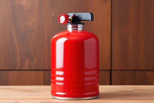 A red fire extinguisher placed on a wooden table. This versatile image can be used to illustrate fire safety, emergency preparedness, or workplace safety.