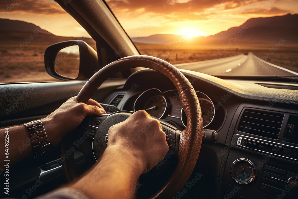 Poster a man is pictured driving a car on a highway at sunset. this image can be used to depict concepts of