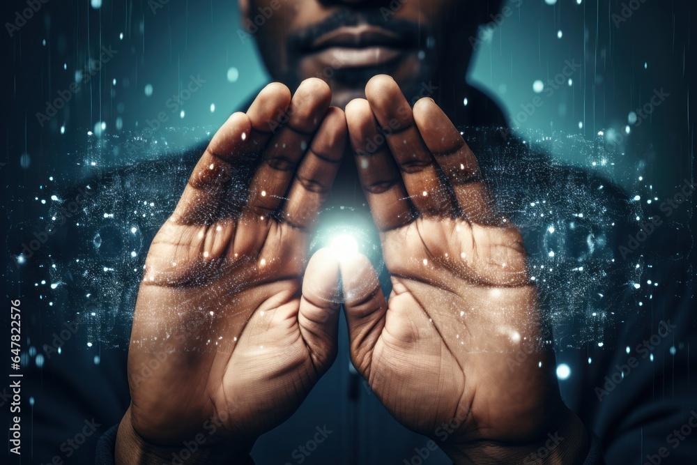 Poster a man holding his hands in front of his face. this image can be used to depict emotions such as frus
