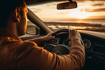 A man is seen driving a car on the beach at sunset. This image can be used to depict a leisurely beach drive or the freedom of a road trip by the coast.