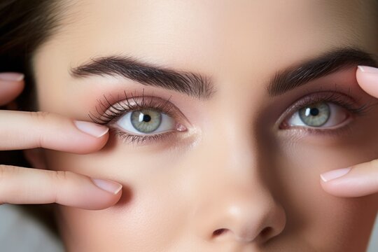 A close up shot of a woman's eye with her hand gently resting on it. This image can be used to portray concepts such as eye care, beauty, self-care, and emotions.