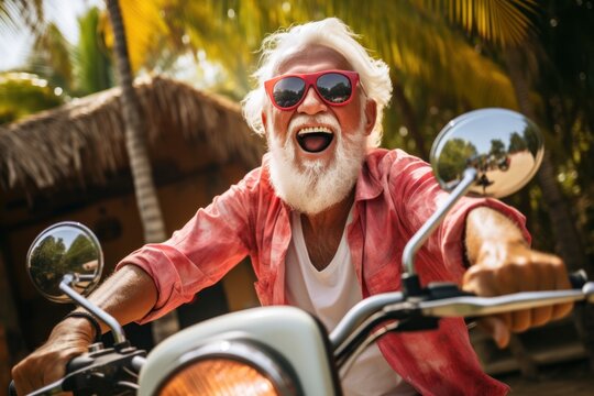 A bearded man wearing sunglasses riding a motorcycle. This image can be used to depict freedom, adventure, or a cool and stylish lifestyle.