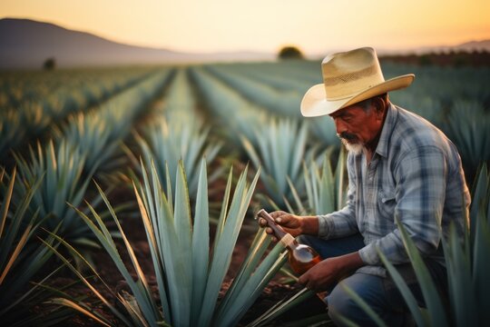 A man wearing a cowboy hat is sitting in a field of blue agave. This picture can be used to depict the cowboy lifestyle or to showcase the beauty of nature.
