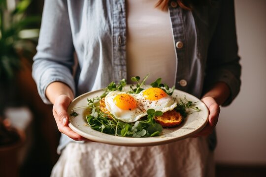 A woman is pictured holding a plate of food with a perfectly cooked egg on it. This image can be used to showcase healthy eating, breakfast ideas, or cooking concepts.