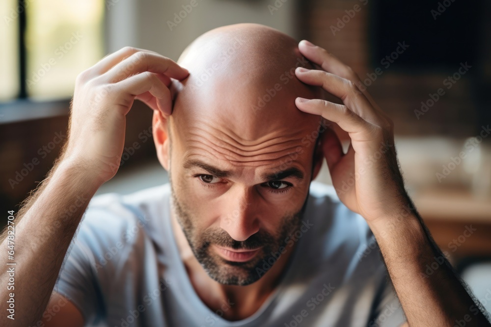 Poster A bald man sitting at a table. This image can be used to depict various scenarios such as a business meeting, working from home, or a casual meal.