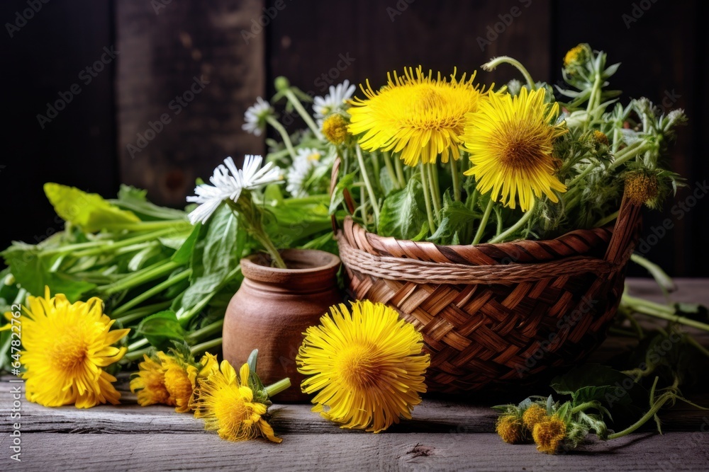 Poster a basket filled with yellow flowers sits next to a vase. this image can be used to add a touch of br