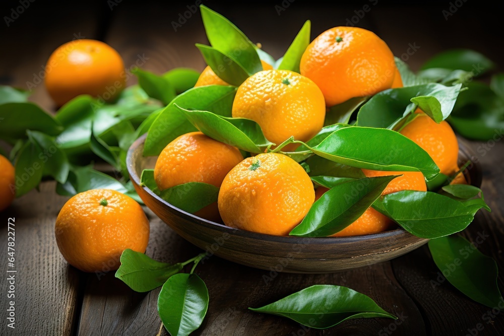 Poster a simple yet vibrant image of a bowl filled with oranges, accompanied by their leaves, placed on a r