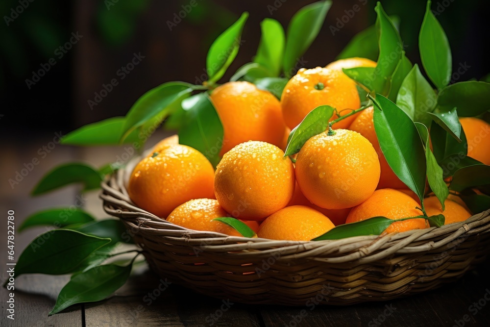 Poster a basket filled with oranges sits on top of a wooden table. this image can be used to depict a healt