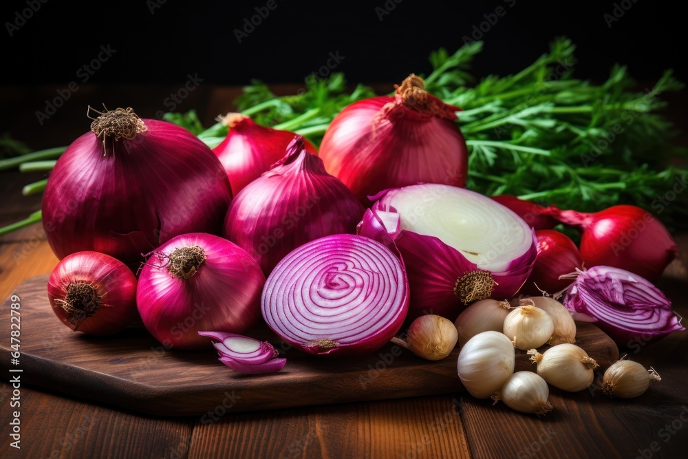 Poster A wooden cutting board topped with lots of red onions. This image can be used in cooking and food preparation themes.