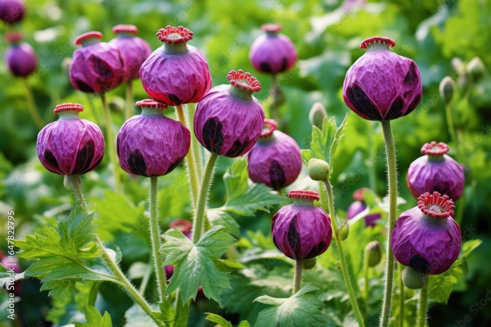 Poster a beautiful field of purple flowers with lush green leaves. perfect for adding a touch of nature and
