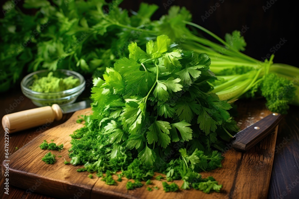 Poster fresh parsley leaves neatly arranged on a cutting board with a sharp knife. this versatile image can