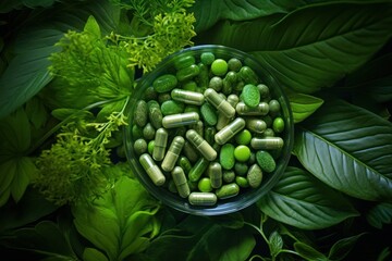 A glass bowl filled with green pills and green leaves. This image can be used to represent concepts such as health, medication, nature, and alternative medicine.