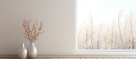 Nordic home with white interior vases and window landscape