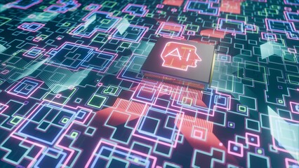 Processor with Artificial Intelligence on a Circuit Board with Data Flow Visualisation, 3D rendering