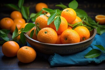A bowl filled with oranges sitting on top of a blue cloth. Can be used for food and nutrition-related designs.