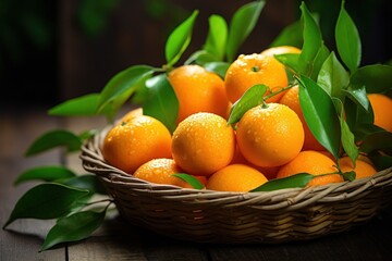 A basket filled with oranges sits on top of a wooden table. This image can be used to depict a healthy lifestyle or to showcase fresh produce.