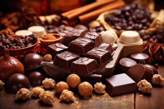 A table filled with a variety of chocolate treats, perfect for any sweet tooth. This image can be used to showcase a dessert buffet, a chocolate-themed event, or as a mouthwatering visual for a confec